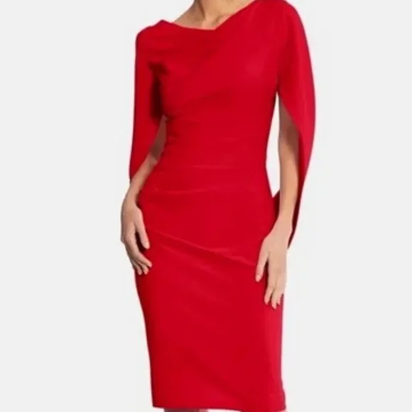 Betsy & Adam Red Cape Sleeve Crepe Sheath Dress Dresses
